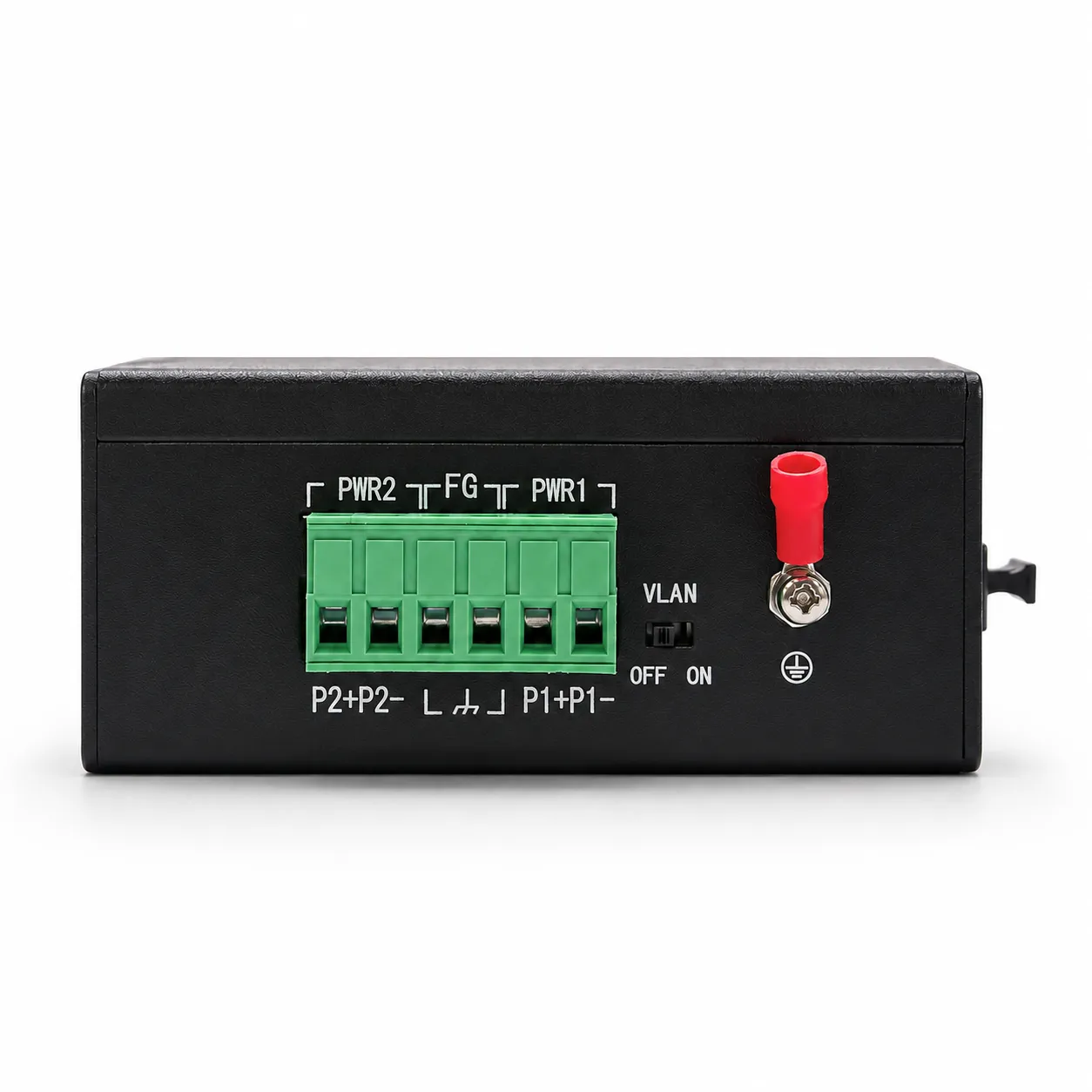 Bloco de terminais com as entradas PWR1 e PWR2 e ponto de aterramento