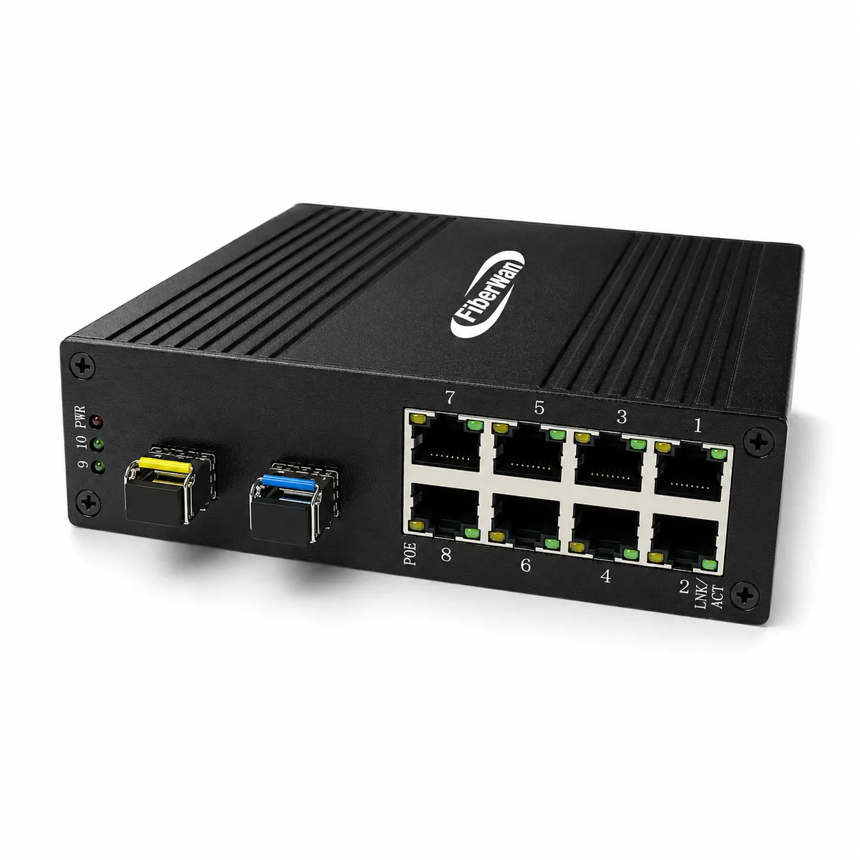 Conversor de mídia industrial Fiberwan de 8 portas Gigabit PoE com dois módulos SFP instalados