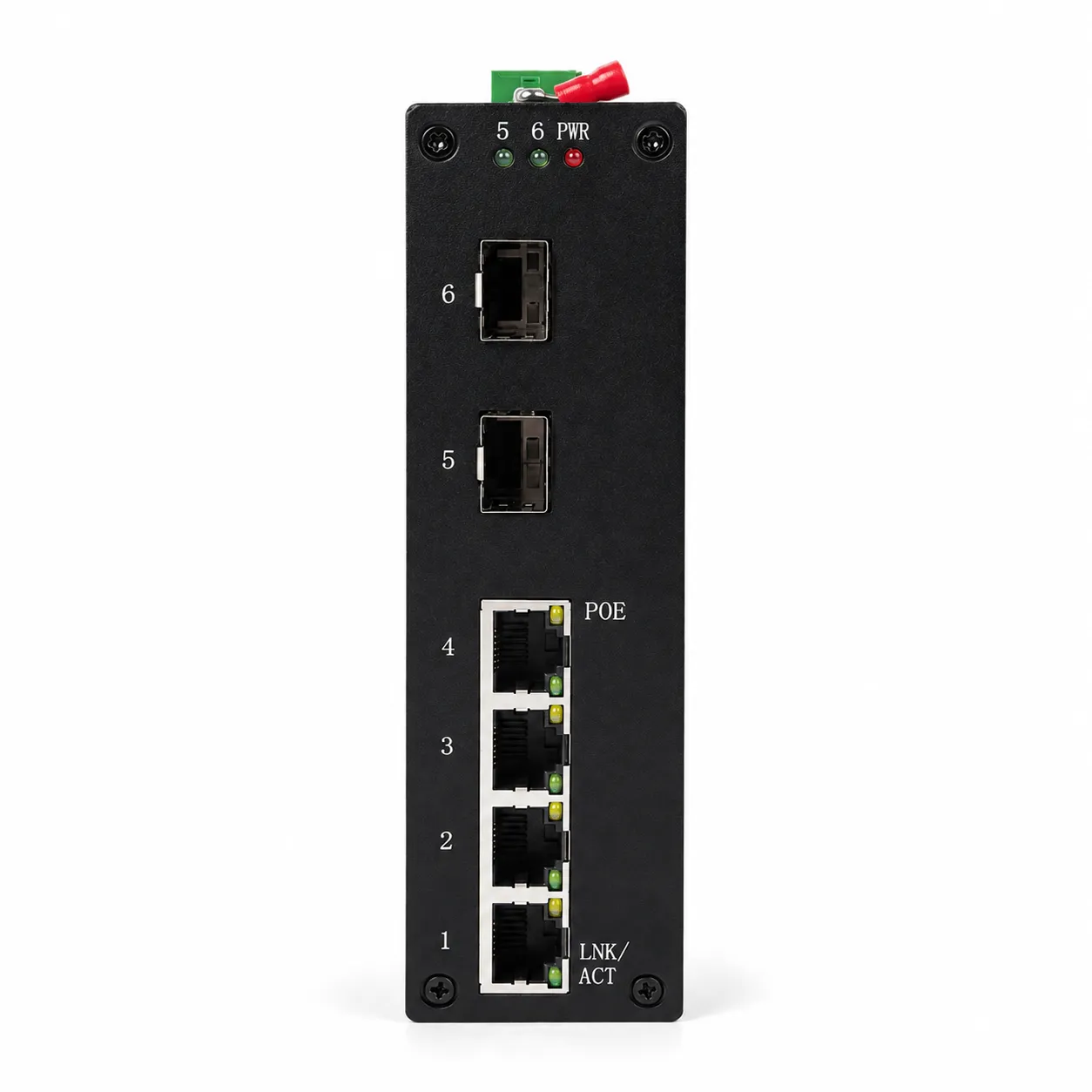 Painel frontal do FWE2-PCI441 com 4 portas RJ-45, portas SFP 5 e 6 e LEDs de status