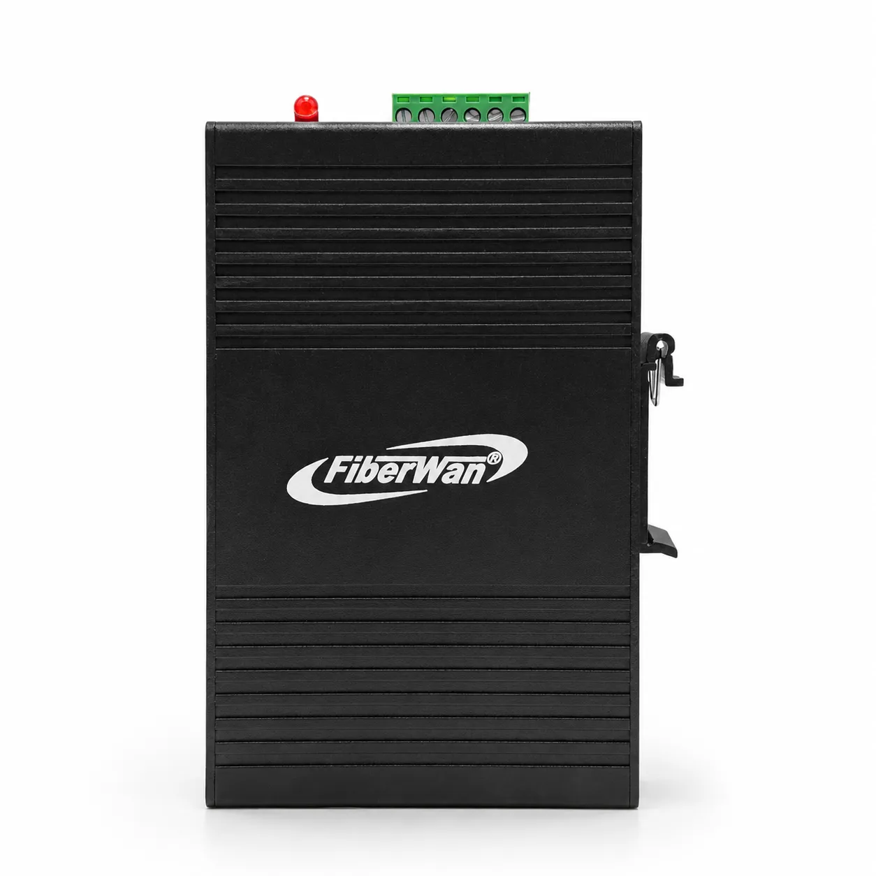 Lateral do FWE2-PCI441 com clipe de trilho DIN e borne de alimentação