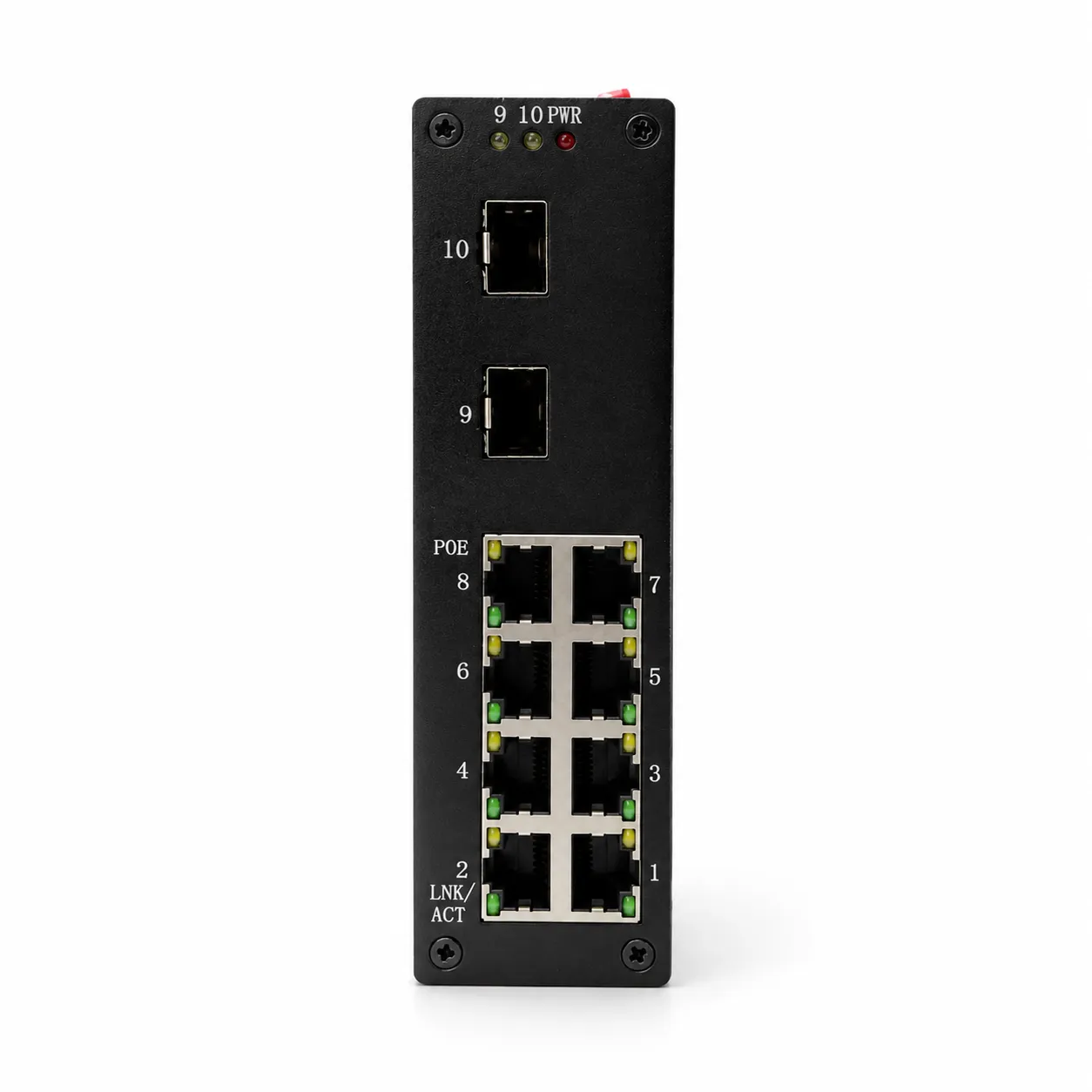 Painel frontal do FWE2-PCI841 com 8 portas RJ-45 e portas SFP 9 e 10