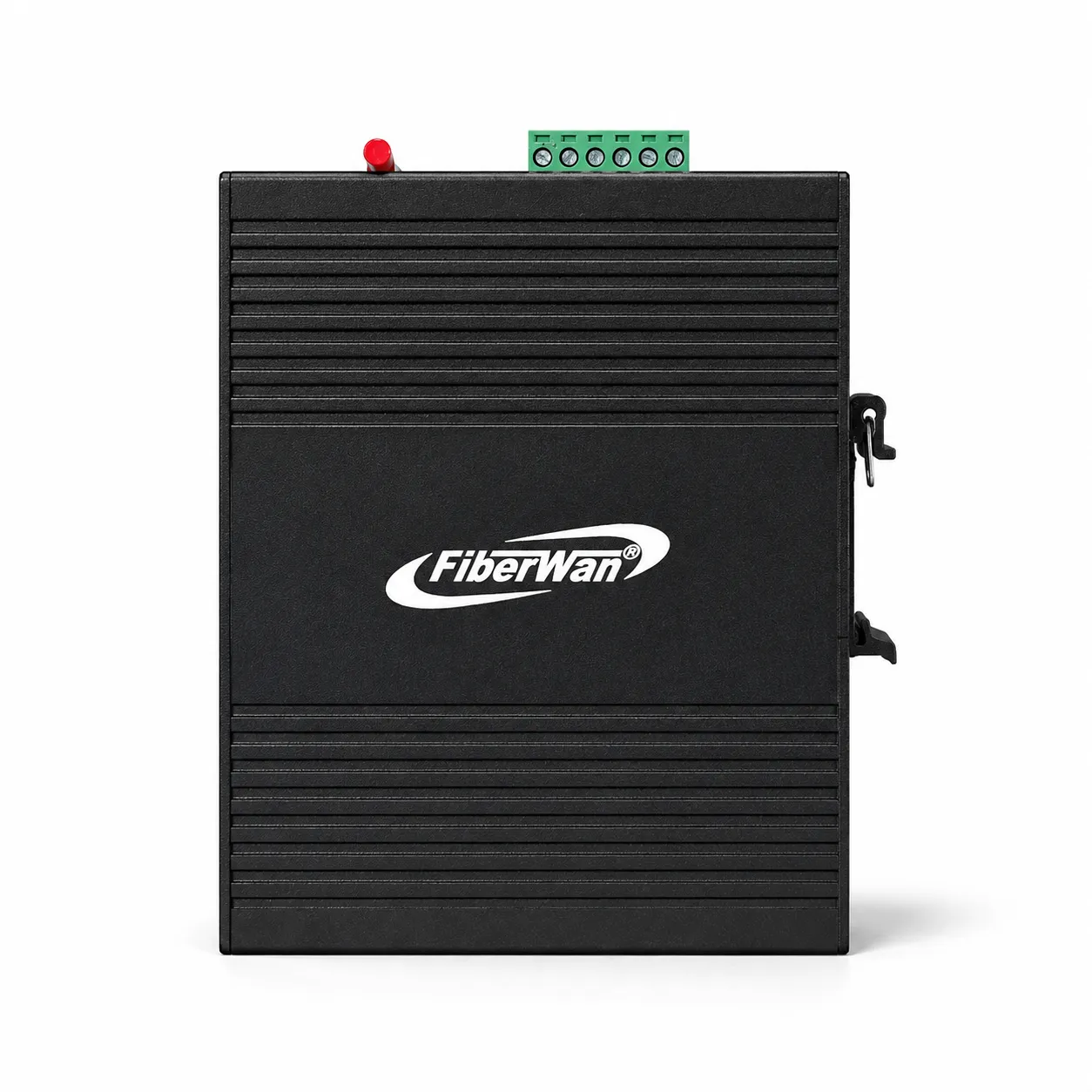 Lateral do FWE2-PCI841 com clipe de trilho DIN e borne de alimentação